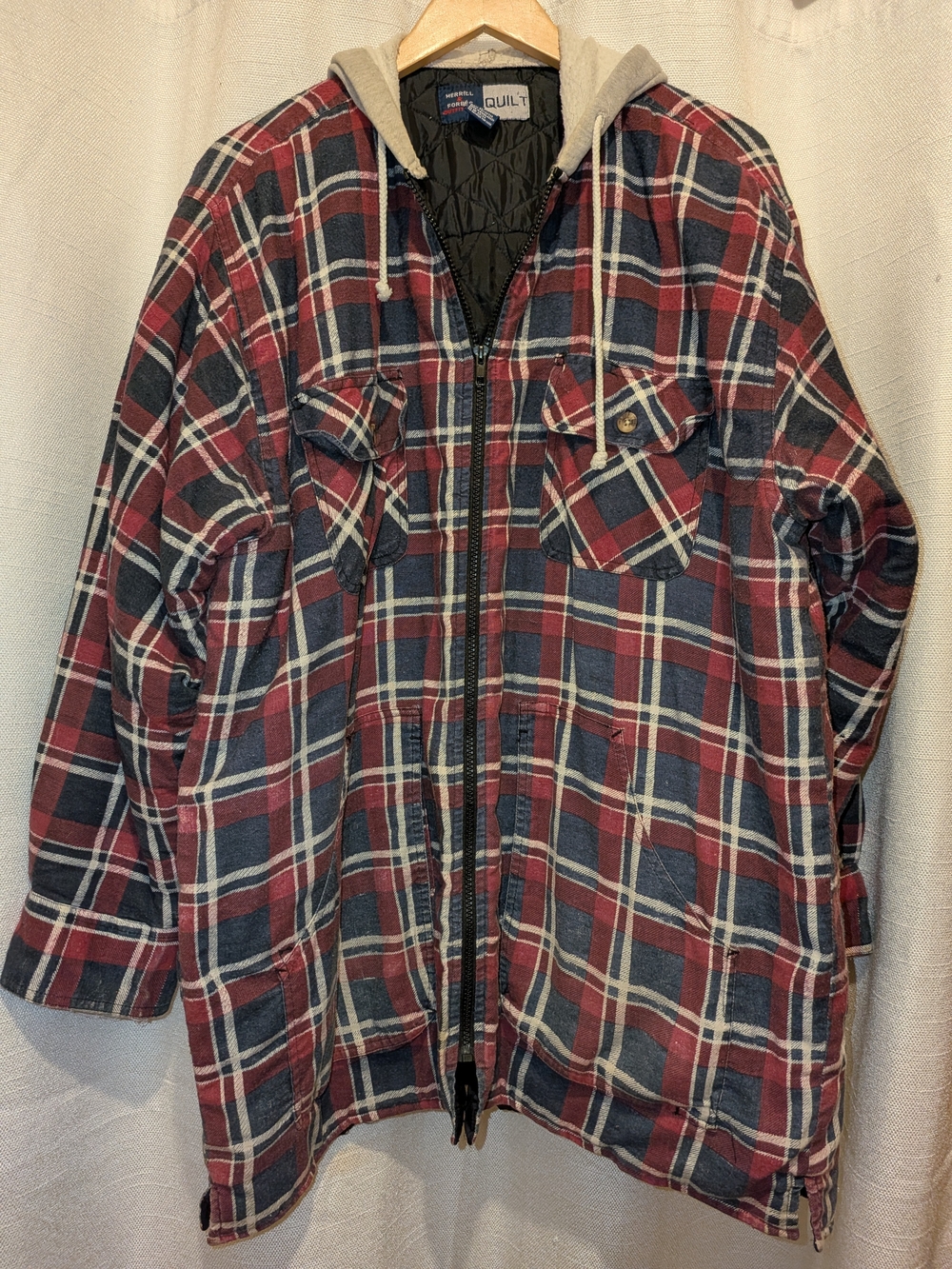 Vintage Merrill & Forbes Outfitters Quilted Lined Plaid Zip Hooded Jacket XL